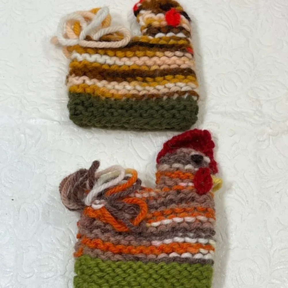 Two (2) Crocheted/Knitted Chicken/Hen Egg Cozies Covers Holder Decor 3